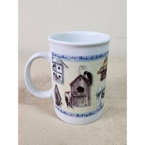 Birds Of A Feather Flock Together Coffee Mug Tea Cup 12oz Birdhouse 4 1/4" Vtg
